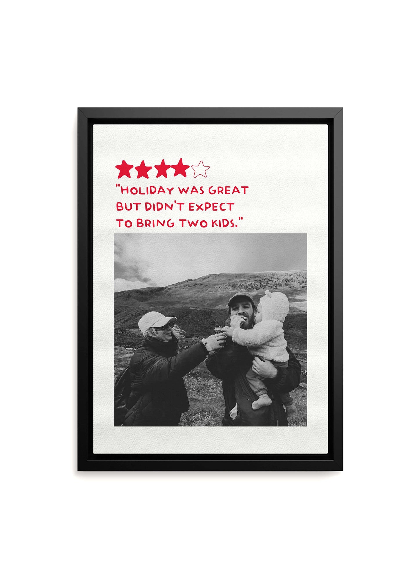 Personalized Photo Gift 5 Star Review Canvas in black frame on white background with black and white photo and custom humorous review caption