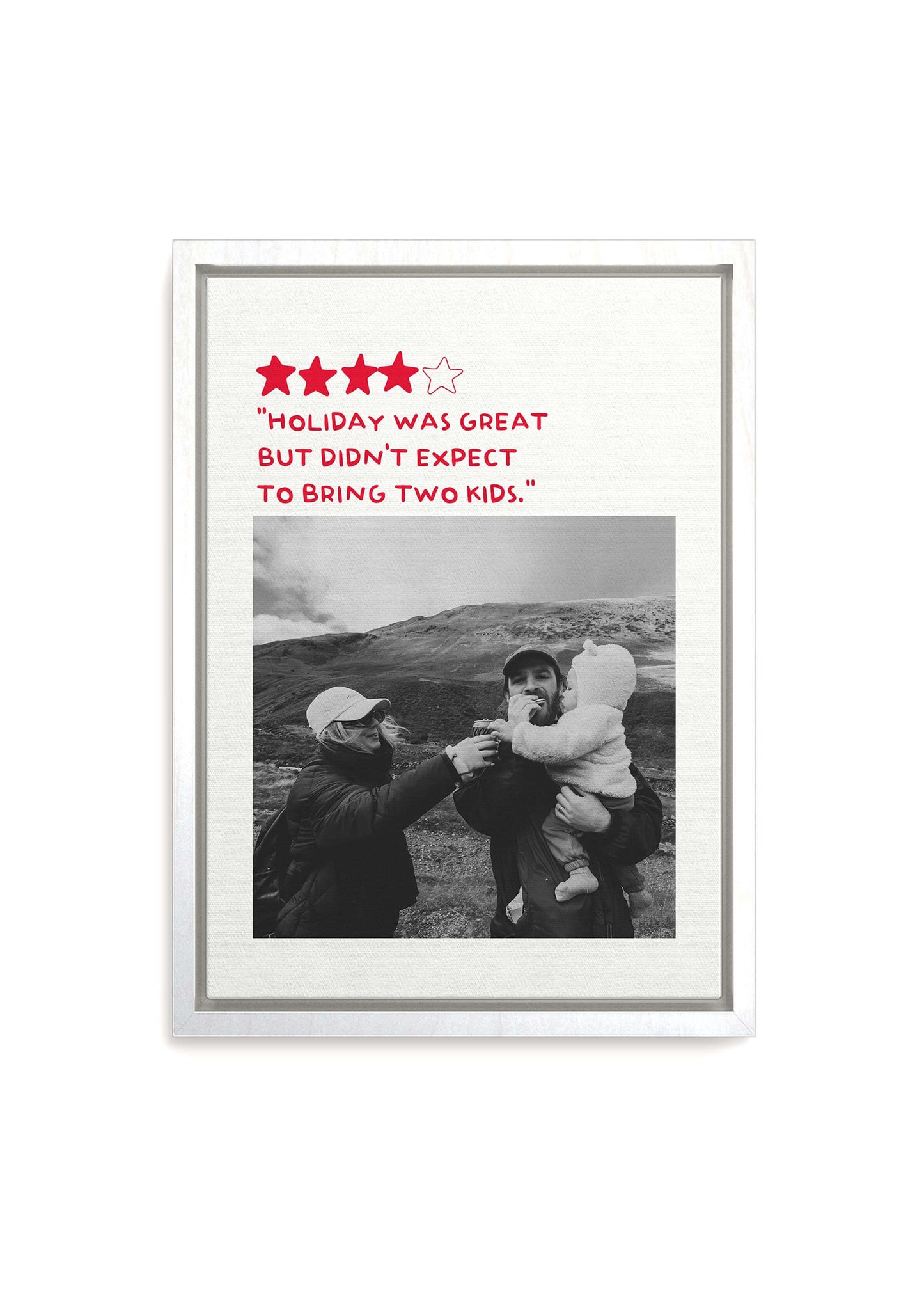 Personalized Photo Gift 5 Star Review Canvas in white frame on white background with black and white photo and custom humorous review caption