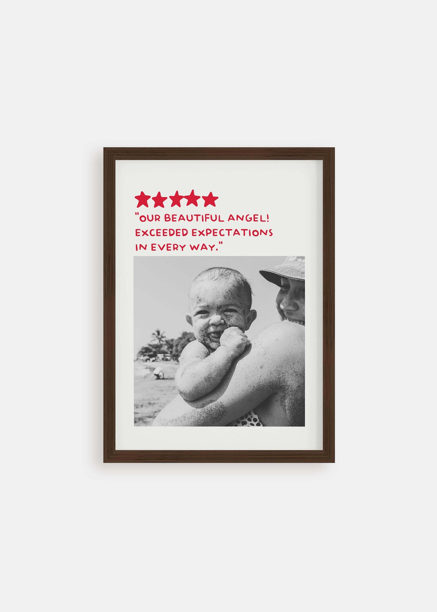 Personalized black and white photo gift in walnut frame on white background. The photo gift is a humorous custom review style design.