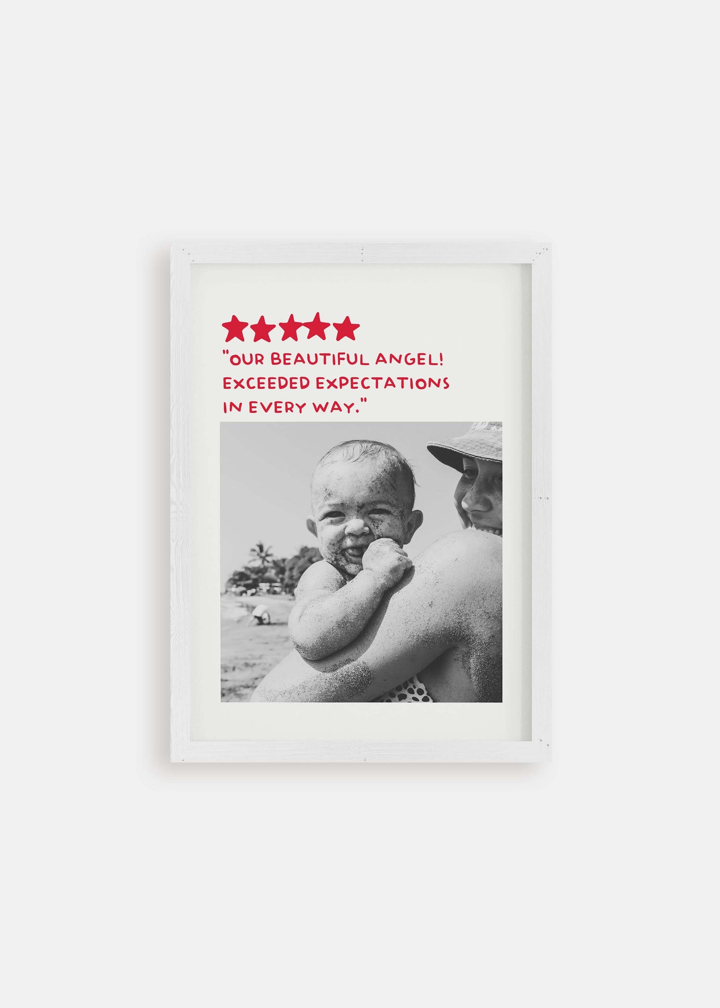 Personalized black and white photo gift in white frame on white background. The photo gift is a humorous custom review style design.