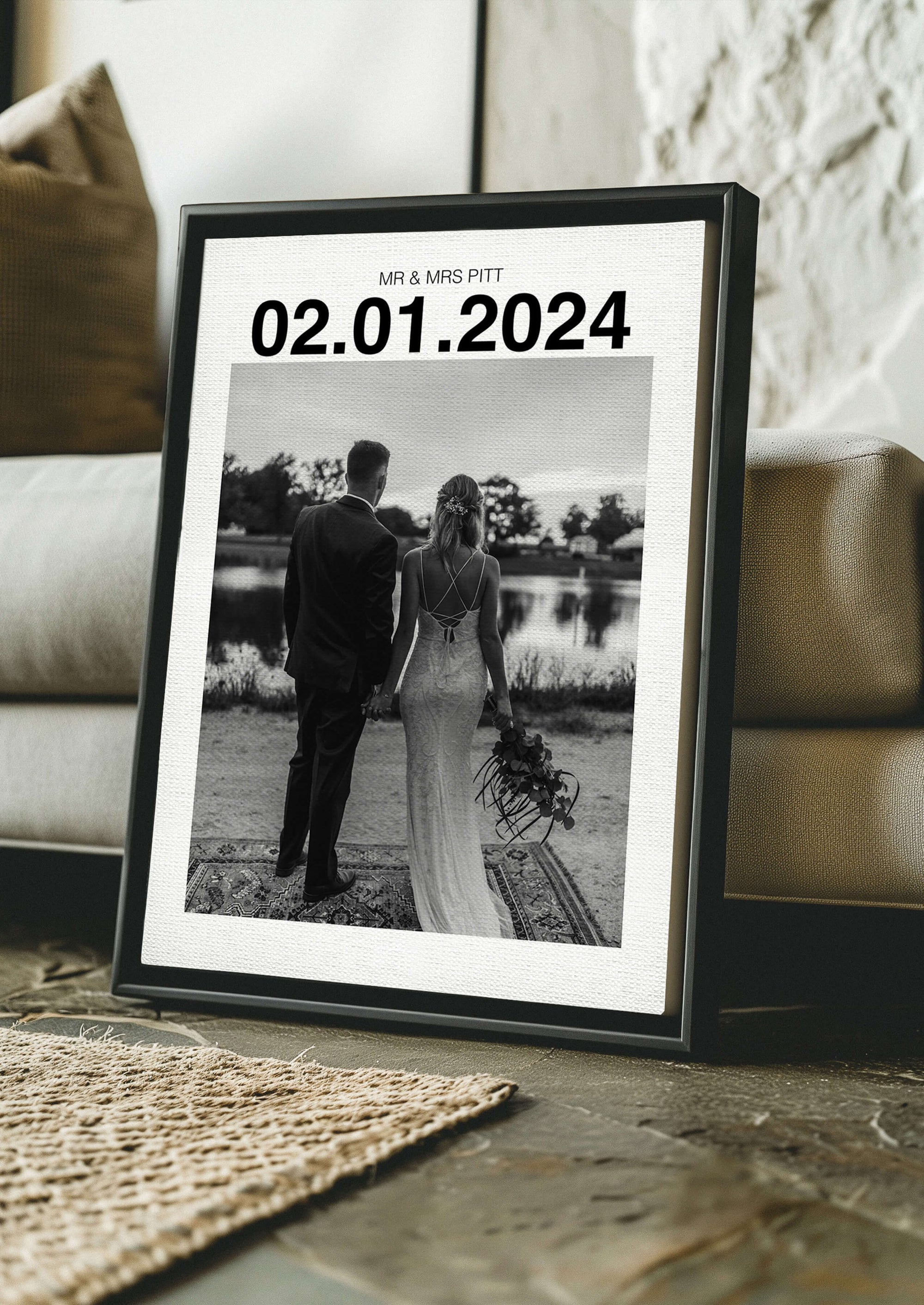 black and white art photo custom made by fabric film studio in a home decor setting gifted to husband and wife as anniversary gift idea made from a personalized photo print and framed in a black frame and printed on canvas