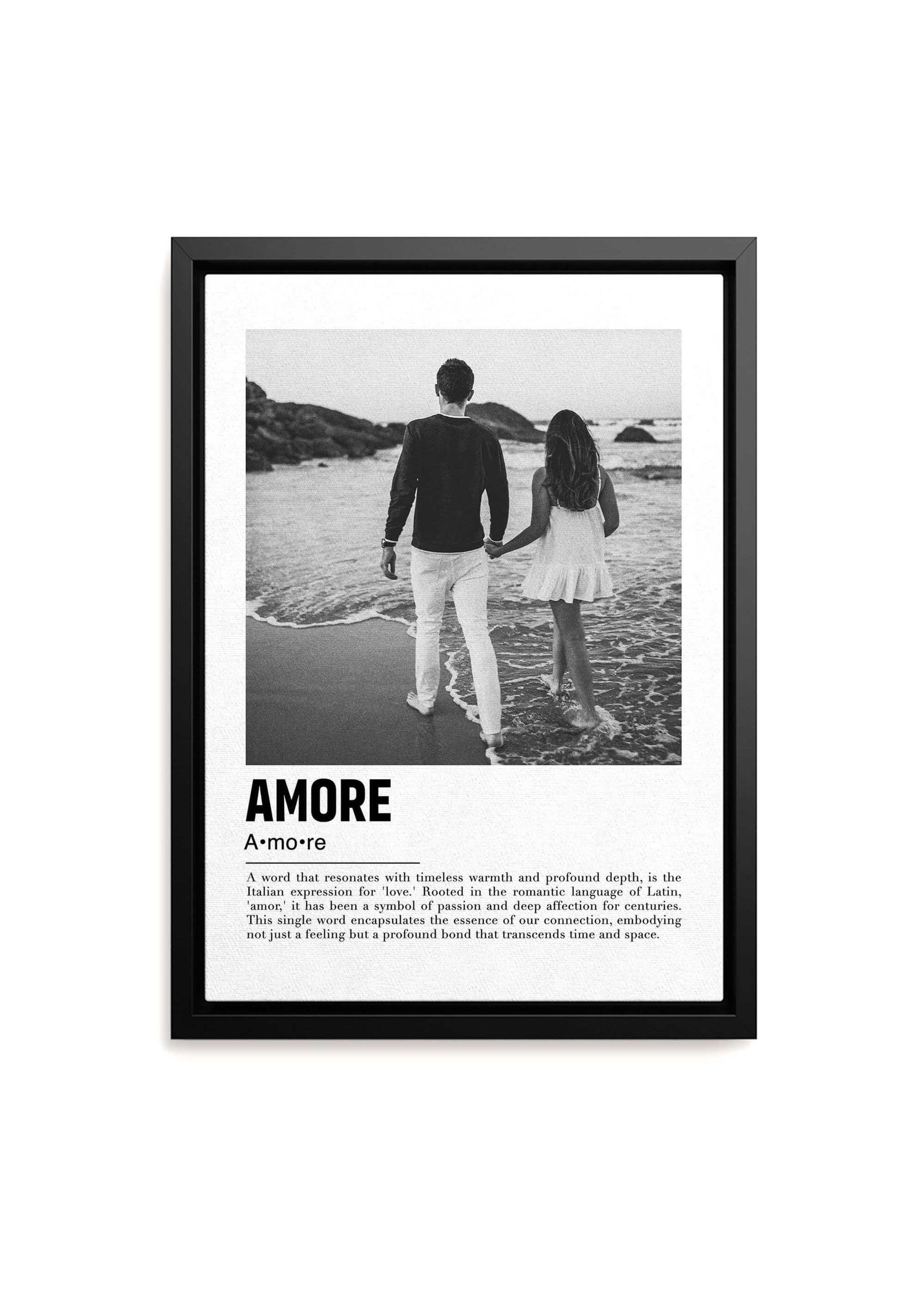 Anniversary gift of a personalized photo of a couple walking on a beach in black and white with a custom message on black framed canvas on a white background.