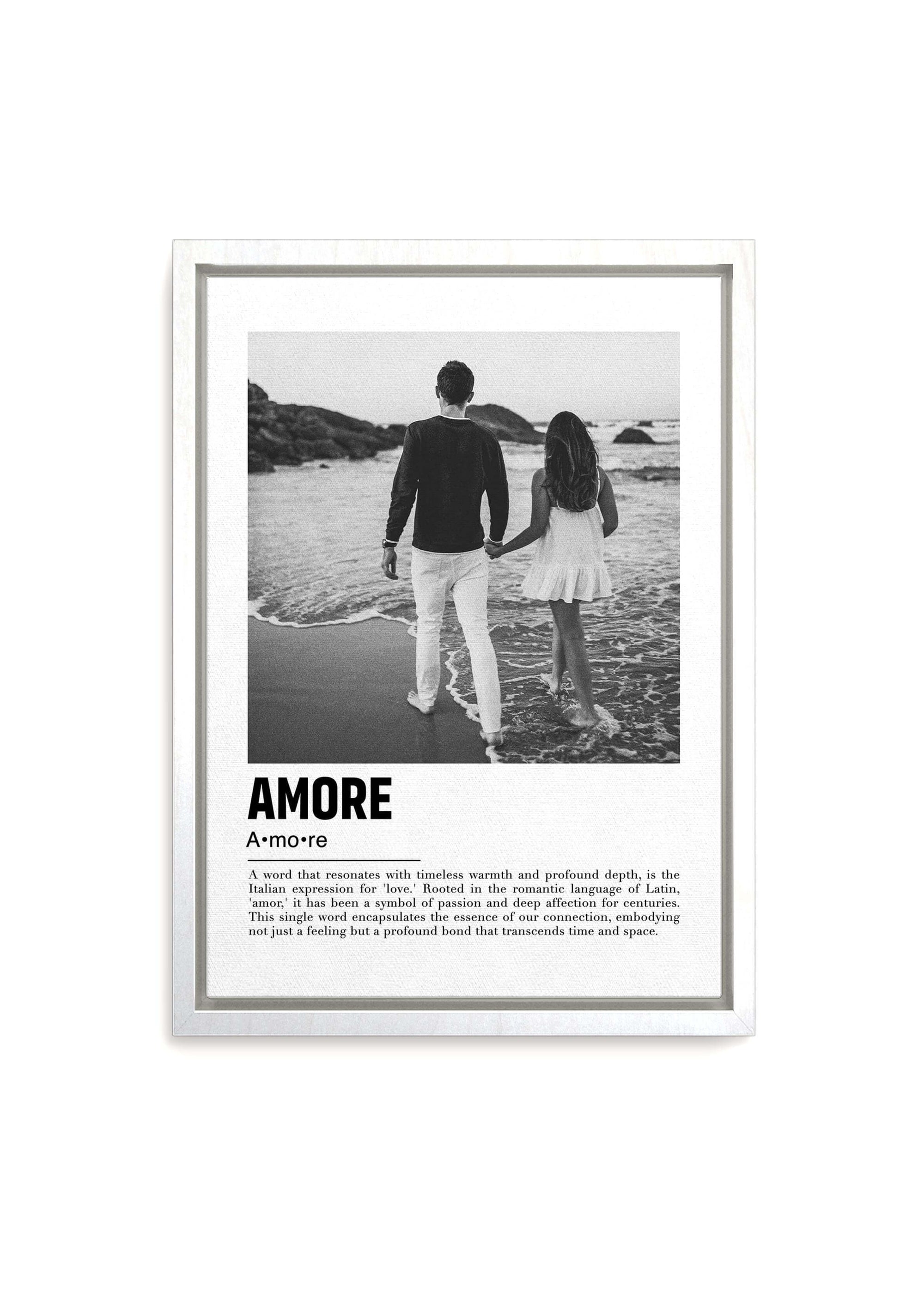 Anniversary gift of a personalized photo of a couple walking on a beach in black and white with a custom message on white framed canvas on a white background.