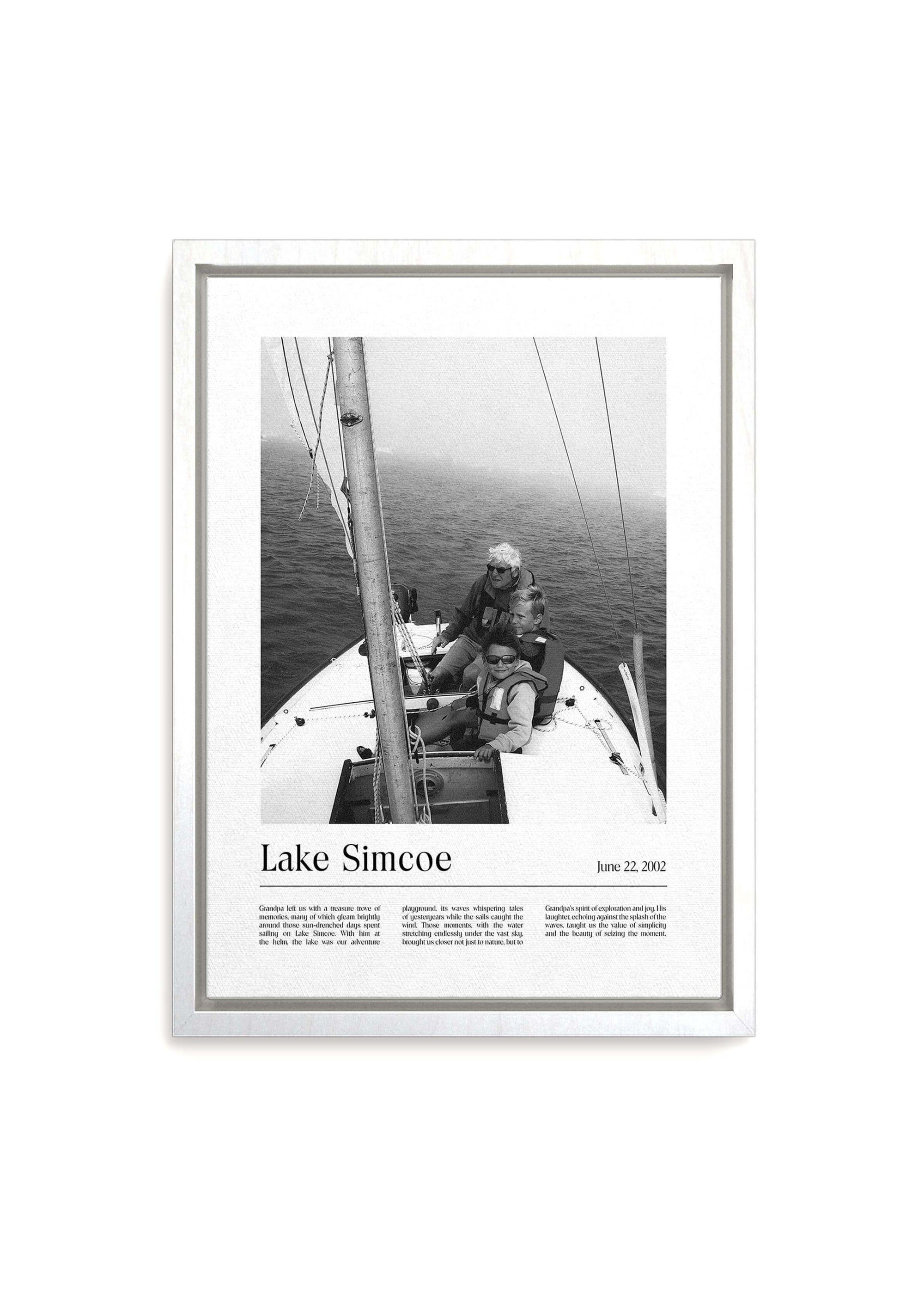 Personalized black and white photo gift on white framed canvas of children with grandpa sailing. The canvas is on a white background and has a custom message inscribed on it.