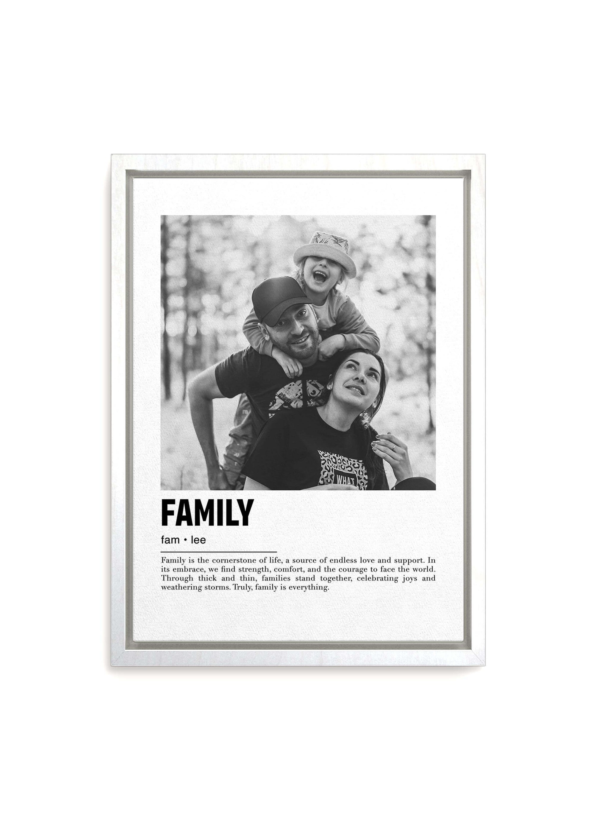 Personalized black and white photo gift on white framed canvas with custom caption on white background.