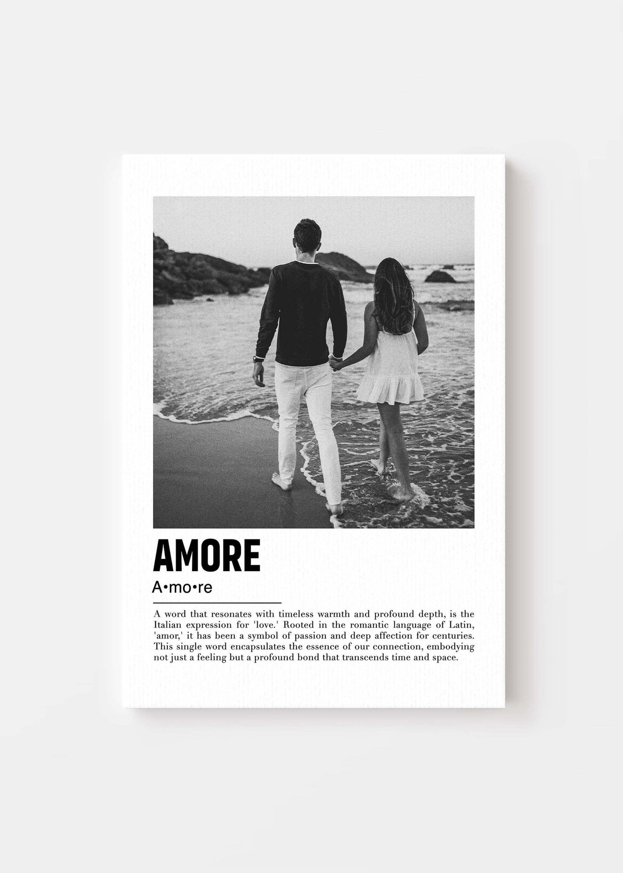 Anniversary gift of a personalized photo of a couple walking on a beach in black and white with a custom message on canvas on a white background.