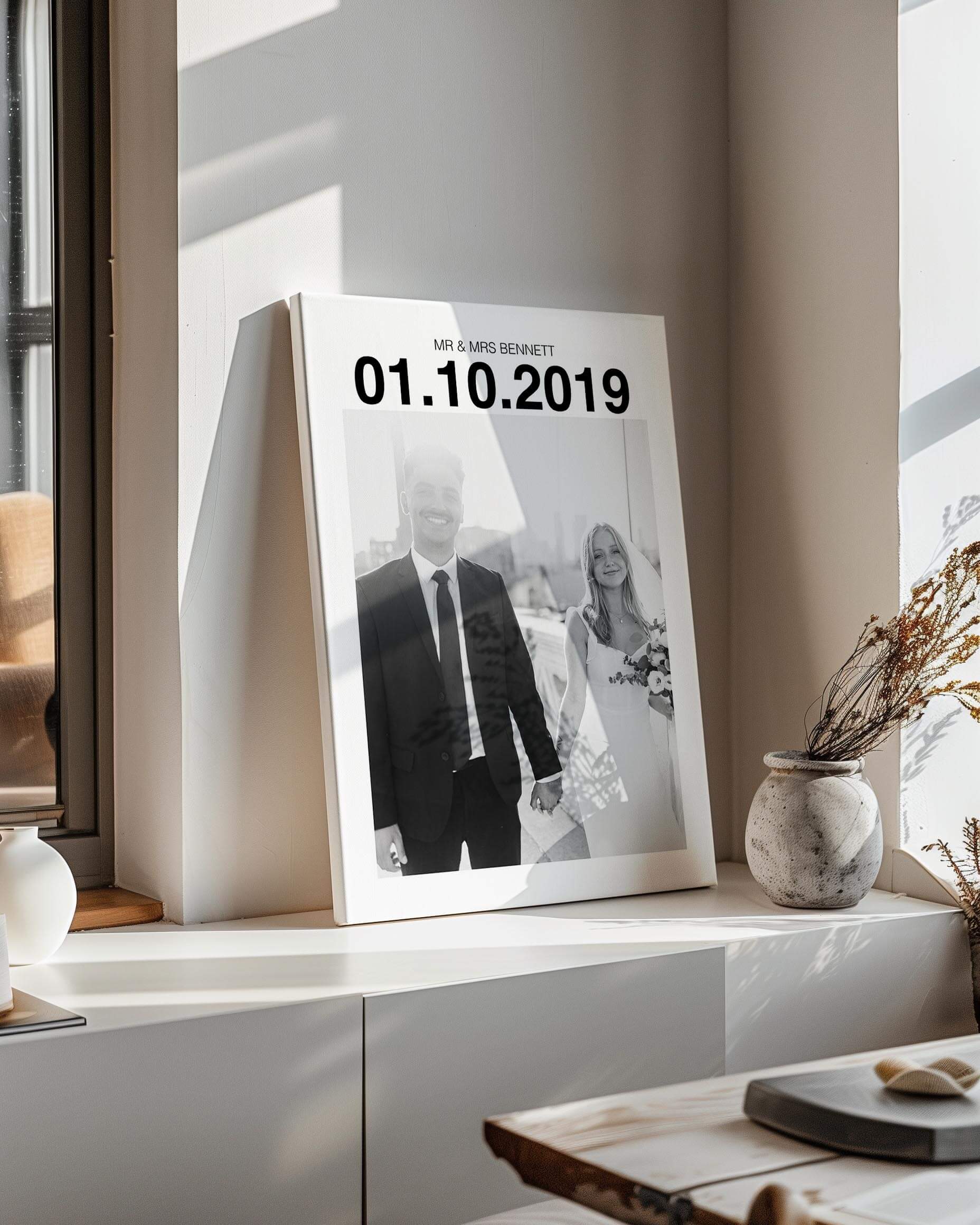 custom couple wedding photo in black and white art and printed on canvas. Made by fabric film studio specialists in personalized photo art gifts for husband, wife, boyfriend, girlfriend last minute gift ideas for anniversaries, weddings, christmas, birthdays, and valentines.