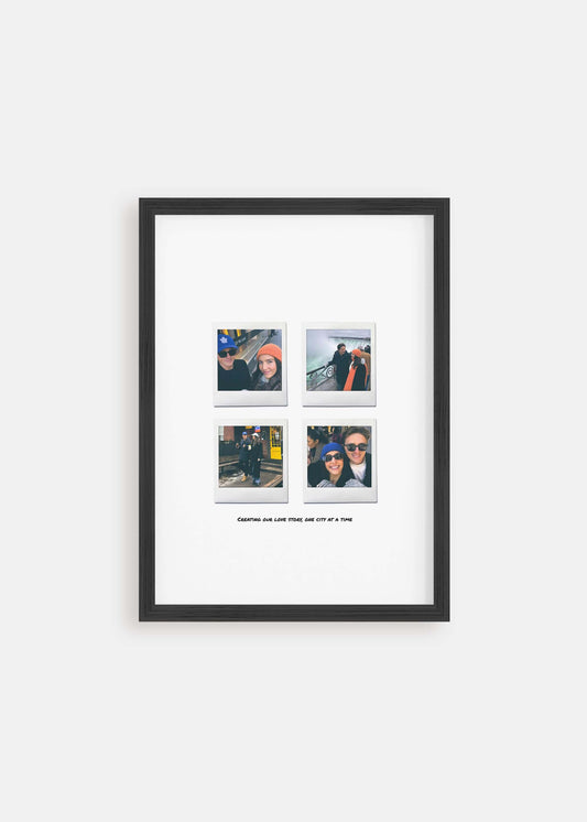 Personalized 4 Moments Instant Film Poster framed against a clean white background, featuring four custom-selected photographs arranged elegantly for a memorable display.