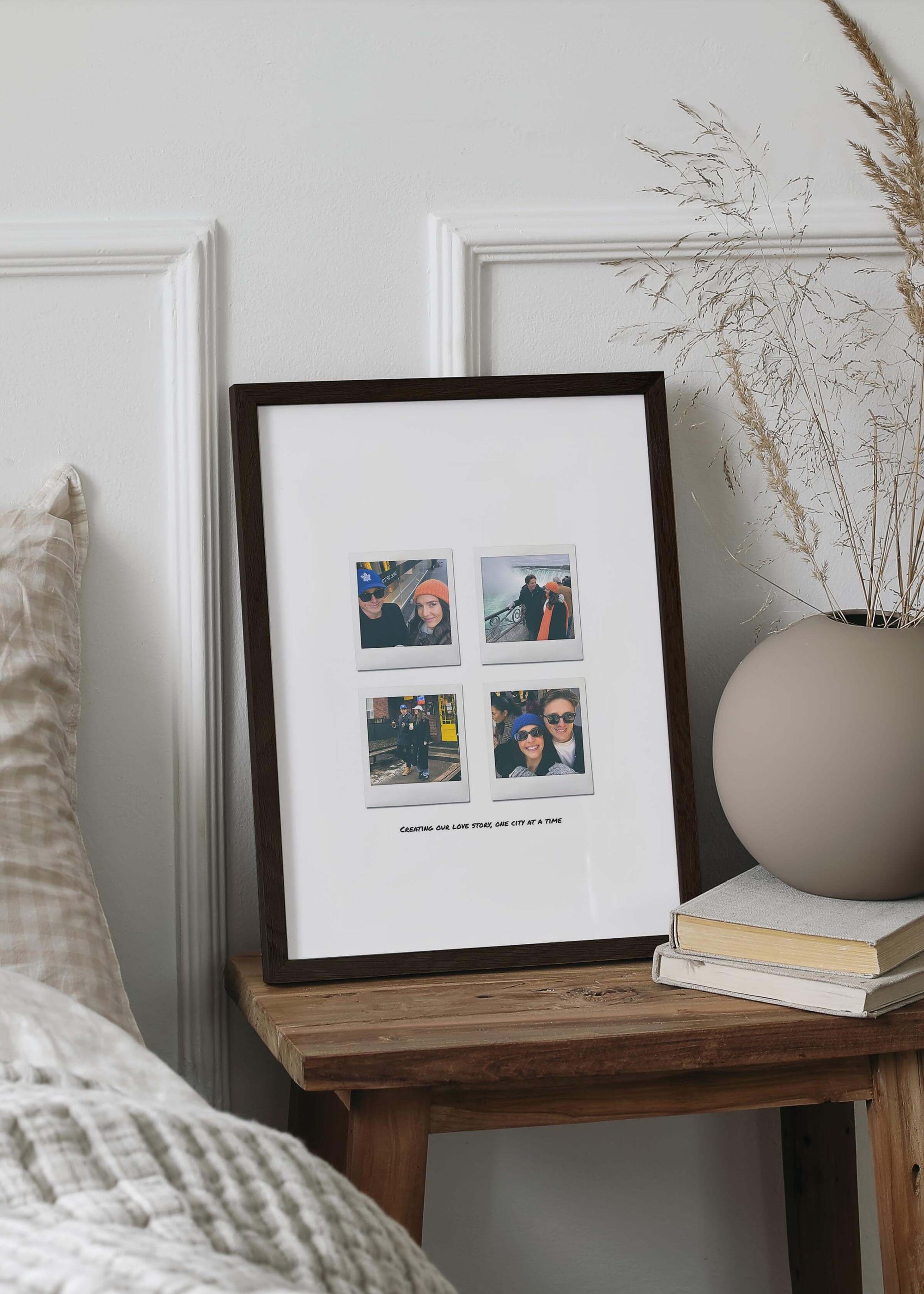 Personalized 4 Moments Instant Film Poster in a sleek frame, displayed on a bedside table, showcasing individualized memories perfect for bedroom decor.