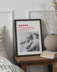 Personalized black and white photo gift in black frame on small bed side table. The photo gift is a humorous custom review style design.