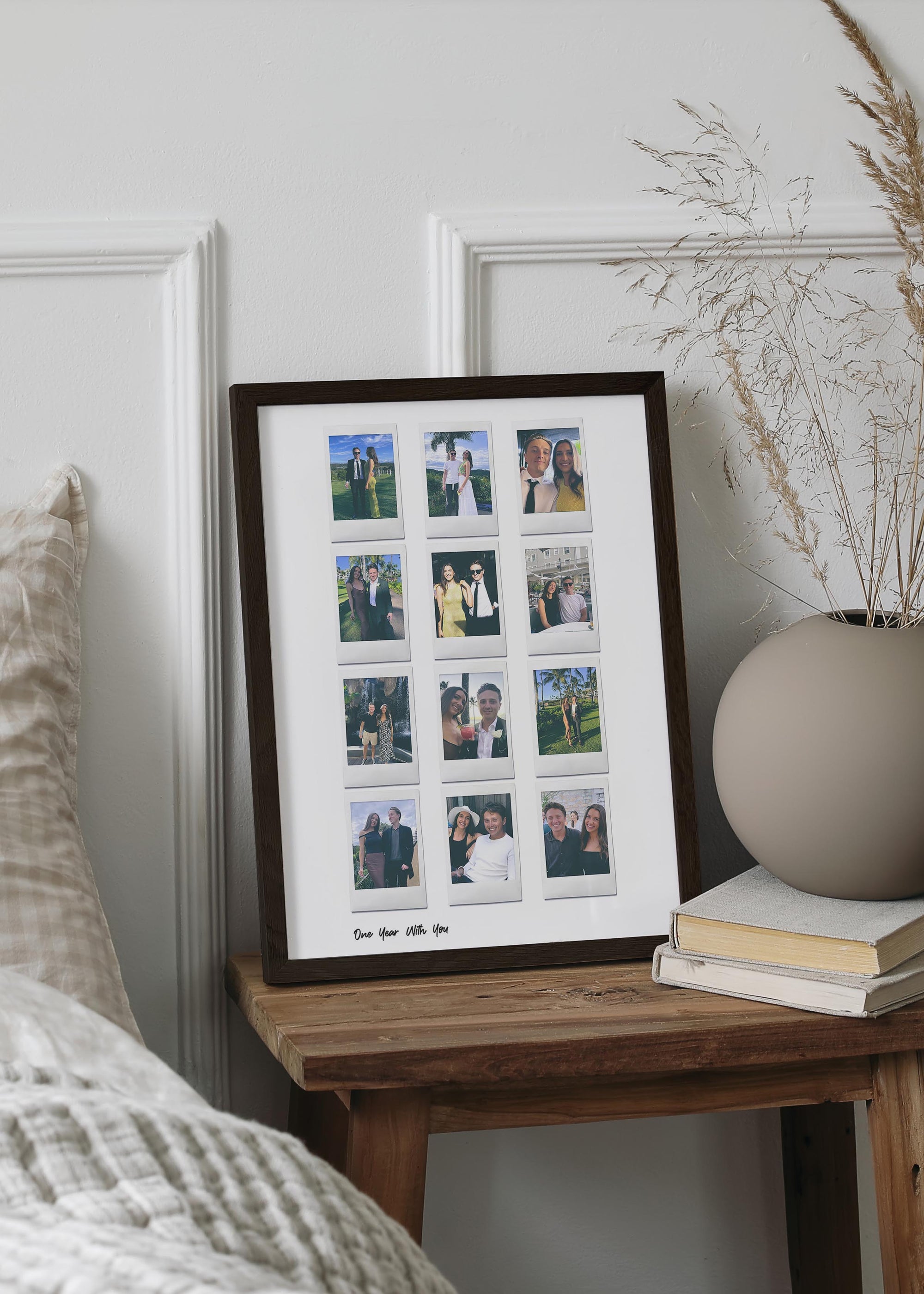 Customized 12 Moments Instant Film Poster on a bedroom side table featuring a collage of personalized photos arranged in an attractive grid, perfect as a unique photo gift or keepsake.