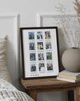 Customized 12 Moments Instant Film Poster on a bedroom side table featuring a collage of personalized photos arranged in an attractive grid, perfect as a unique photo gift or keepsake.