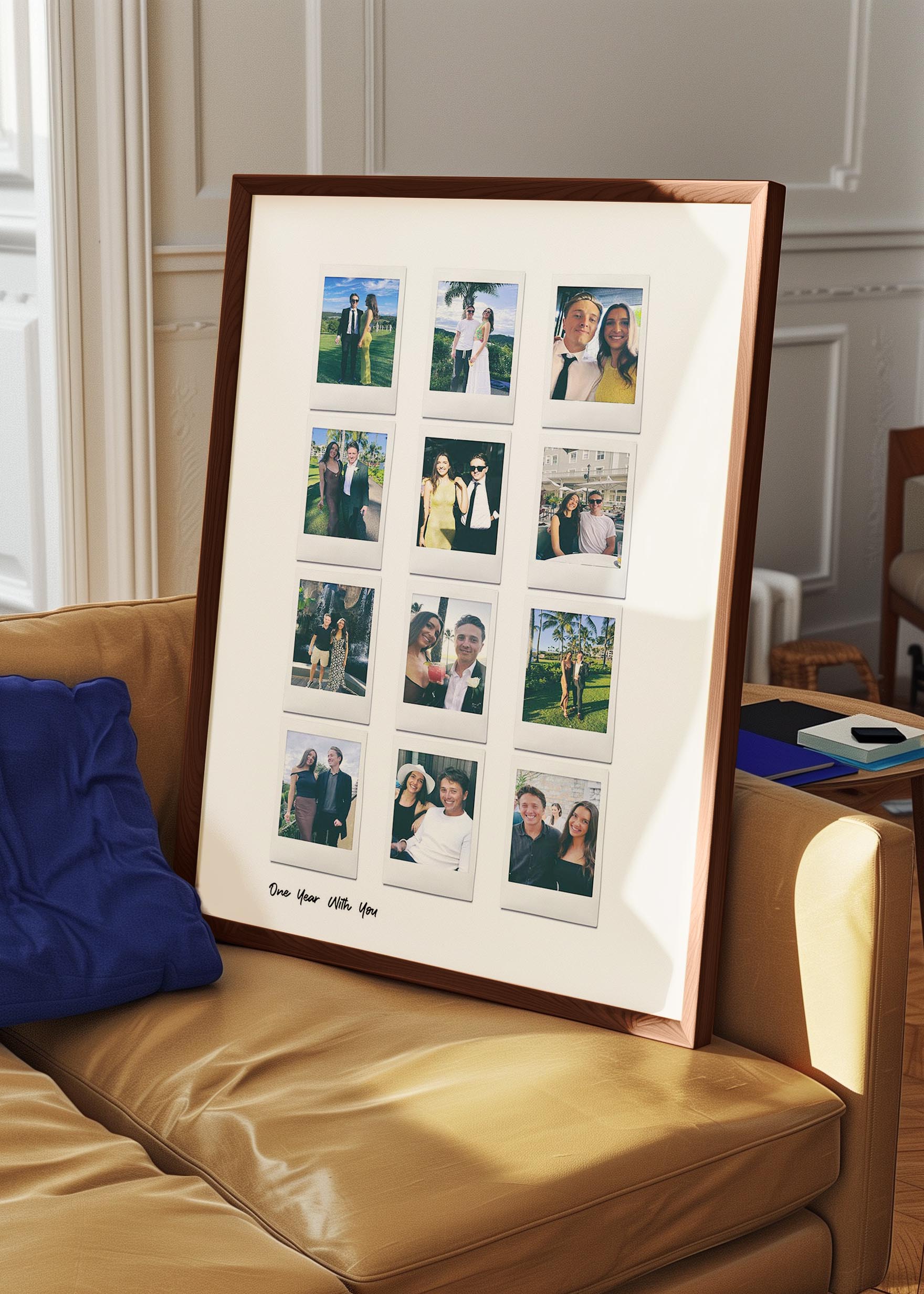 Customized 12 Moments Instant Film Poster frame on a sofa featuring a collage of personalized photos arranged in an attractive grid, perfect as a unique photo gift or keepsake.