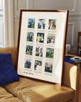 Customized 12 Moments Instant Film Poster frame on a sofa featuring a collage of personalized photos arranged in an attractive grid, perfect as a unique photo gift or keepsake.