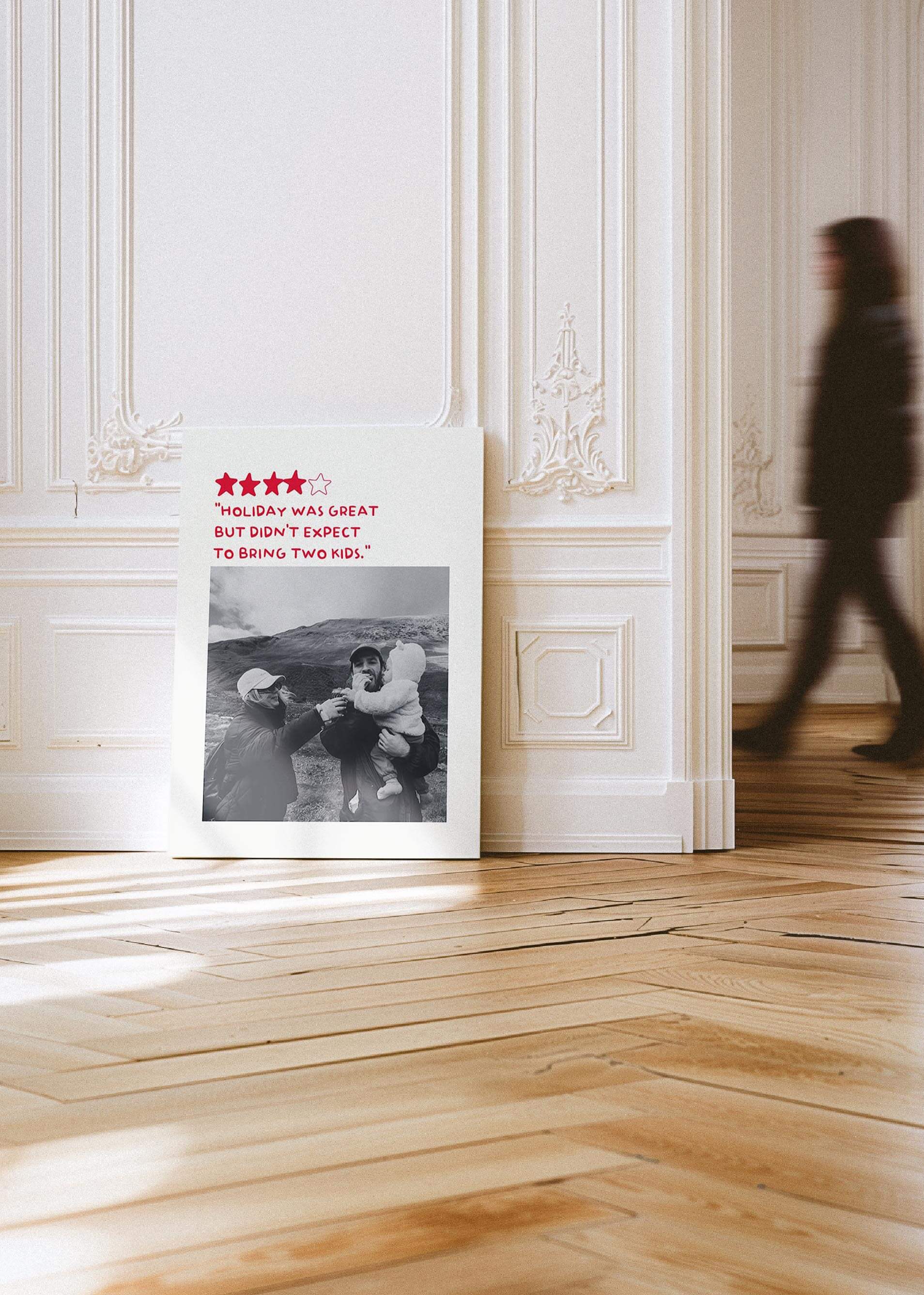 Personalized Photo Gift 5 Star Review Canvas leaning against wall in contemporary gallery space with woman walking by
